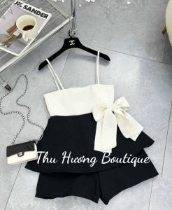 [MÃ LAZADAFAHB01 - GIẢM 30K ĐƠN 100K] Sét áo cúp ngực 2 dây phối bèo đen nơ trắng  quần đùi đen. Sét đẹp đi chơi