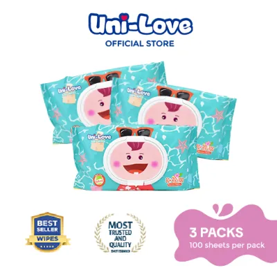 UniLove Baby Wipes Summer Edition (Boy) 100s Pack of 3 - 99% Water| Hypoallergenic | Alcohol Free | No harmful chemicals | with Aloe Vera | Safe & Gentle | FDA Approved