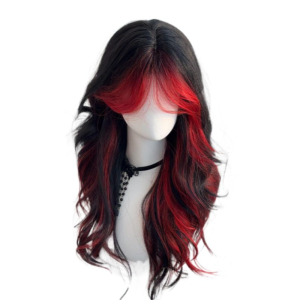KINTHAZER สไตล์โกธิค วิกผมสีแดงไล่เฉดสีดำ ฮาโลวีน ส่วนตรงกลาง วิกผมคอสเพลย์โลลิต้า น่ารักน่ารักๆ ธรรมชาติตามธรรมชาติ วิกผมลอนยาว สำหรับผู้หญิง