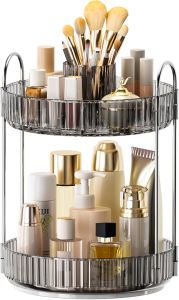 360 ° Rotating Makeup Organizer Upgraded 2 Tier Skincare Perfume Organizers for Women Bathroom Organizer Countertop Clear Cosmetic Dresser Organizer with Makeup Brush Holder Sink&Counte (Clear)
