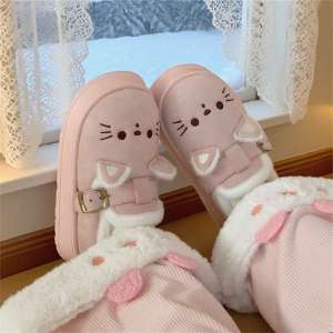 XIXITIAO Winter Cotton Slippers Soft Cute Cat Womens Warm Lovely Cotton Shoes Fashion Fleece Slip-On Loafers Winter