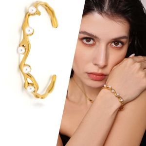 LKMART Irregular Pearls Golden Bracelet Alloy Opened Silver Wrist Circle Versatile French Style Wave Shaped Bracelet Women