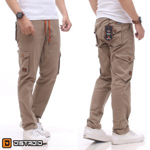 Distroid Celana Rib Cargo Panjang Pria Slim Fit Chinos Katun Melar Cowok Dewasa Pinggang Karet