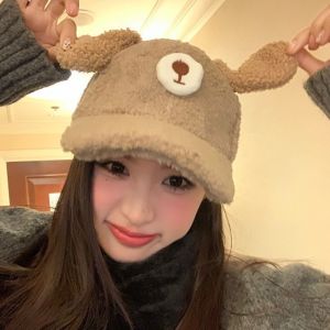 NEEUJ หนาขึ้น หมวกเบสบอลขนแกะ หูสุนัข อบอุ่นและอบอุ่น หมวกยอดแหลมฤดูหนาว น่ารักน่ารักๆ ที่บังแดด หมวกเบสบอลลูกสุนัข สำหรับผู้หญิง