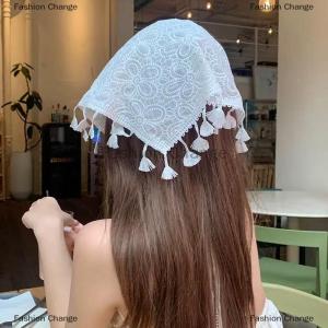 [COD] Fashion Change White Fabric Flower Triangle Hair Scarf Wraps Women Retro Triangle Headscarf Hat Travel Photo Headband Hair Accessories
