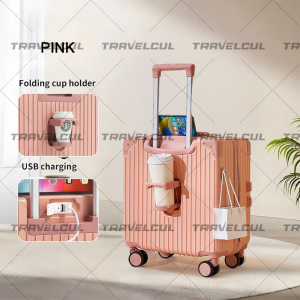 TRAVELCUL 18 Inches Luggage With Cup Holder Traevl Bag 7kg Hand Carry Luggage0 USB Port Suitcase Fashion Luggage