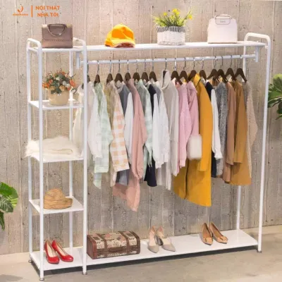 VNH-512 Kệ treo quần áo tủ treo sắt sơn tĩnh điện kiểu dáng Hàn Quốc có ngăn để đồ đa năng