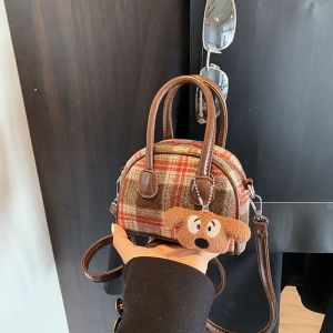 ANGY  สง่างาม กระเป๋าโบว์ลิ่งลายสก็อตขนสัตว์ แบบฝรั่งเศส ผ้า กระเป๋าสะพายบอสตัน แฟชั่น แบบสบายๆ กระเป๋าถือผู้หญิง ผู้หญิง