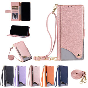 Wallet Flip Splicing PU Leather Phone Case For iPhone 14 13 12 11 Pro Max Plus Card Holder Stand Wrist Strap Cover