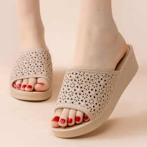 [Free Shipping] Womens high-heeled slippers for summer thick-soled fashionable non-slip soft-soled suitable for home use moms shoes social wedge sandals