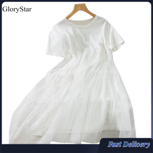 GloryStar Pregnant Dress Summer Short-sleeve Loose Net Yarn Stitching Tiered Skirt