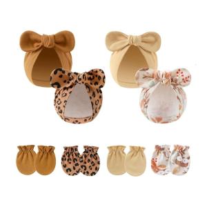 Bé trai bé gái bông nắp ca-pô hat & găng tay 4 bộ đầu bảo vệ găng tay với phù hợp với nón thắt nơ cho trẻ sơ sinh