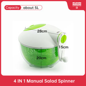 KUHN RIKON Manual Rotary Salad Spinner Lettuce Dryer 4-in-1 Multi-functional Wash Spin Dry Mix Salad Fruit Vegetable Large Capacity 5L Swiss Design
