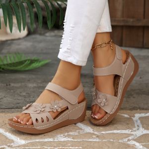 Free Shipping Plus-Size Sandals 2026 Summer Collection Featuring A Wedge Heel Floral Embellishments A Thick Sole Velcro Straps And An Open-Toe Design Perfect For The Beach