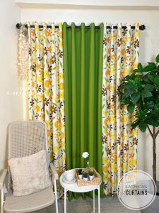 NON-BLOCKOUT 3in1 & 5in1 Korean Curtain Newest Print Sunflower - Olive Green - Cream Modern Home Ring Curtains 10 Rings 5-8FT