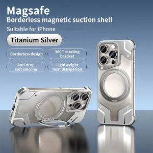 Aluminum Alloy rimless case for iPhone 15 14 13 16 Pro Max strong magnetic suction rotating bracket metal bumper clear back cover