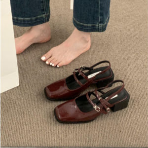 Retro Square Mary Jane Shoes French Vintage Medium Thick Heel Flat Sole Shallow Cut Single Shoes