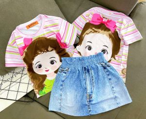 (11-22kg) đầm váy bé gái áo và chân váy GIẢ JEANS có quần trong thun lạnh 3D mềm mịn mát bền đẹp (703)