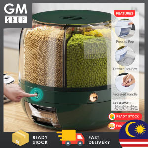 GMSHOP 6 Grid Rotating Rice Dispenser Storage Bucket And Grian Container Bekas Simpan Beras