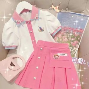 Setelan Anak Perempuan Import Model Rok Kancing Lipat Lengan Karet Balon Kerah Pita Lucu Terbaru