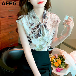 AFEG new Korean version V-neck bow fashion loose all-match printed chiffon short-sleeved blouse for women