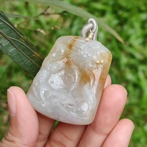 Yellow and White Semi Icy Natural Type A Jadeite Pendant Necklace crafted with nine tail fox symbols of Love Charisma and Good Luck QIC Labs approved certificate included weigh 32.9 grams 44 * 36 * 9 mm suitable for daily wear