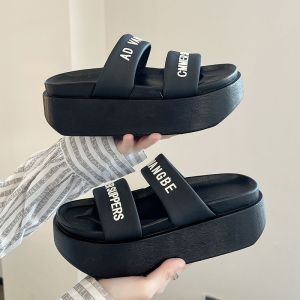 Straight Strap Soft Thick Soles 7cm High Black White Khaki Open Toe Slippers for Women Summer Sandals