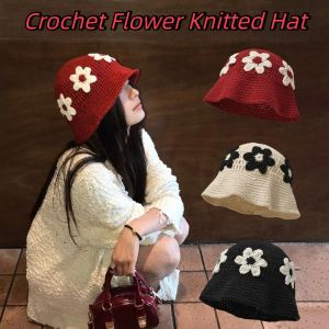 SKJK Handmade Crochet Flower Knitted Hat Cute Sweet Womens Fisherman Hat Sweet Korean Style Beanies Hat Apparel Accessories