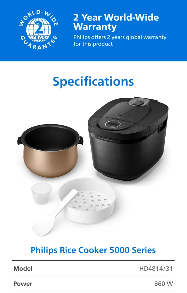NEW) PHILIPS Rice Cooker 5000 Series HD4814/31, 18 Cooking