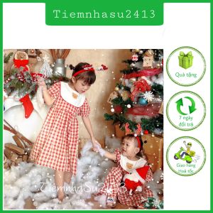 [Váy thiết kế 10-35kg ][TẶNG NÓN NOEL]Váy Caro đỏ phối hình gấu đơn giản siêu đáng yêu cho bé gái - TIỆM NHÀ SU