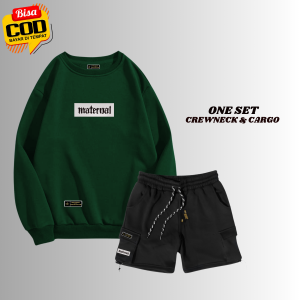 One Set Setelan Sweater Crewneck Dan Celana Pendek Cargo Fleece Bahan Tebeal Lembut Dan Adem Oneset Stelan Crewneck Pria Wanita Premium Katun Fleece
