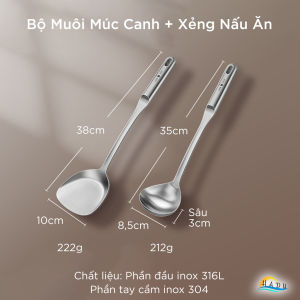 Bộ Dụng Cụ Nấu Ăn Inox 316L SSGP Cán Rỗng Chống Nóng Gồm Muôi Múc Canh Xẻng Xào Chống Xước Chảo
