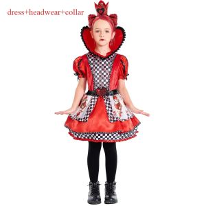 Halloween Alice In Wonderland Queen Of Hearts Cosplay Dress Kids Girls Stage Drama Poker Print Dress Carnival Costume