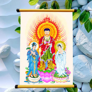 Tranh Tây Phương Tam Thánh Treo tường in trên vải lụa - Nẹp Nhựa Kích thước 20x30 cm - 30x40 cm