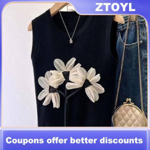 【ZTOYL】 Summer Fashion Chic Flower Knitted Vest Women Round Neck Sleeveless Striped Tank Top