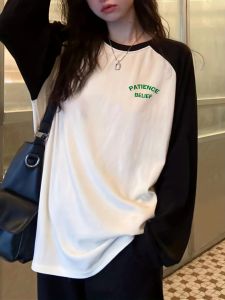 Women Y2K Raglan Sleeve T-Shirt Round Neck Color Block Tops with Green Letter Print Fashion Casual Vintage Style Tshirt Clothes2026