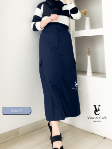 Vincath Rok Linen Kancing Depan Wanita – Model Midi Panjang Elegan – Bahan Tebal Nyaman – Pinggang 76-102 cm – Rok Kerja Muslimah Casual Formal – Kancing Aktif + Resleting – Warna Hitam Navy Cream Mocca - RW - 07