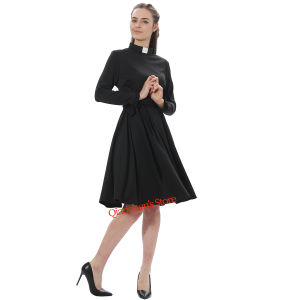 BLESSUME Catholic Church Ministers Clergy Pastor Dress for Women Long Sleeve Loose Elegant Midi Dress With Tab Collar