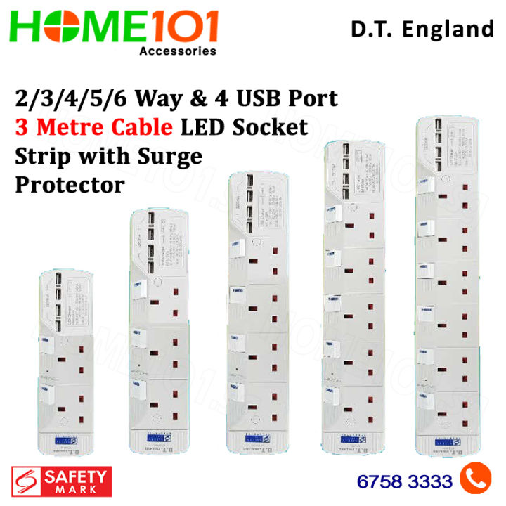 D.T. England 2/3/4/5/6 Way & 4 USB Port - 3 Meter Cable LED Socket ...
