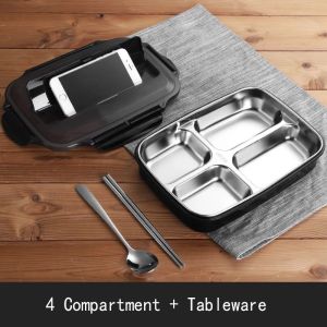 Portable large capacity four grid stainless steel lunch box 304 lunch box Student office lunchbox (with spoon and chopsticks)