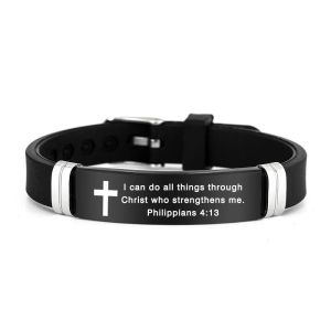 Religious Inspirational Bible Quote Cross Bracelet Stainless Steel Adjustable Silicone Bracelet Gift