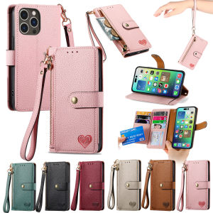 Zipper Wallet Card Solt Leather Case for iPhone 14 15 Pro Max 11 12 13 X XS XR 7 8 Plus SE 2022 RFID Hand Strap Coin Purse Cover