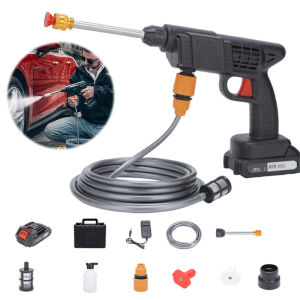 COD [Free Delivery] 21V high-pressure car washing water grab portable household cleaning spray set (21v black pointed tail 5 sections 1 electricity 1 plastic filling box 5m tube)