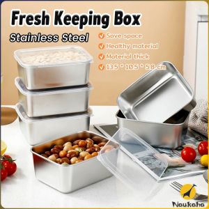 Naukaha 【Ready in Stock】 Fresh Keeping Box with Lid Stainless Steel Food Container Fridge Frozen Storage Box 1Pc
