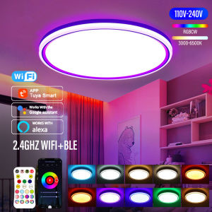 Wifi ไฟเพดานอัจฉริยะ24W แบบบางเข้ากันได้กับ Alexa Google Home กับรีโมทคอนโทรลหรี่แสงได้สำหรับห้องนั่งเล่นห้องนอนปาร์ตี้