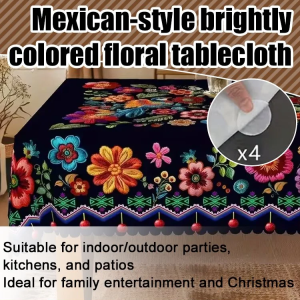 【Handmade Colorful Floral】Mexican Tablecloth/Tropical Home Decor/Dining Table Cover/Washable Fabric Tablecloth/Mexican-Style Vibrant Colorful Floral Tablecloth Printed Round Rectangle Table Cloth
