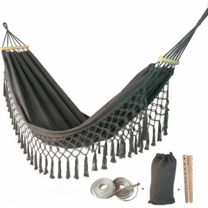 ADREE Tassel Double Hammock Canvas Bohemian Style Camping Hammock Durable Anti-Rollover Garden Swing Hammock Outdoor