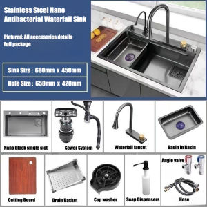 Kitchen sink SUS304 stainless steel waterfall sink 3.0MM thickness household sink with pull-out faucet