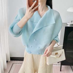 KESHANGYI Womens Miyake Style Pleated Cropped Jacket Korean Style Lapel Double Breasted Batwing Sleeve Waist Cinched Cardigan Outwear