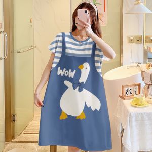 ชุดนอนกระโปรง เนื้อผ้านุ่ม คุณภาพสูง ลายการ์ตูนน่ารัก ผ้าคอตตอน กระโปรงแขนสั้น